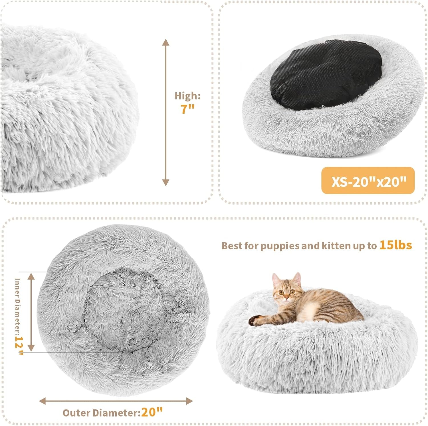 Calming Dog Bed & Cat Bed, Dog Beds for Small Medium Large Dogs, Anti-Anxiety Cat Beds for Indoor Cats, Cozy Soft Dog round Bed, Machine Washable Fluffy Small Dog Bed(16"/20"/23"/30") (Grey 20"